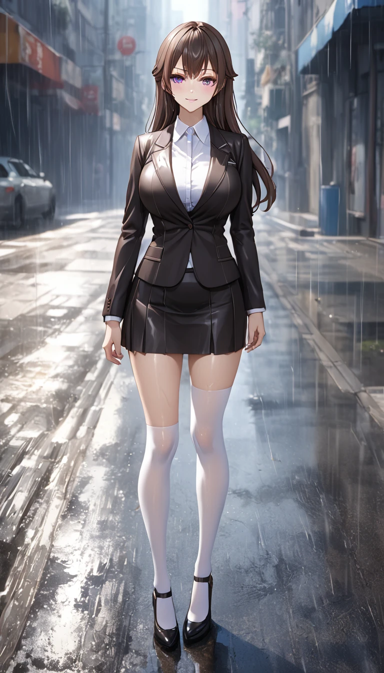 Detailed work, best quality, 2080p clarity, Realistic lighting and shadows, Anime, background, middle of the road, จากซีรีย์ Alya Sometimes Hides Her Feelings in Russian, Suou Yuki, long brown hair, purple eyes, ตาแบบAnime, Very large breasts, Wear a black suit, Tight short skirt, white stockings, smiling, Heavy rain