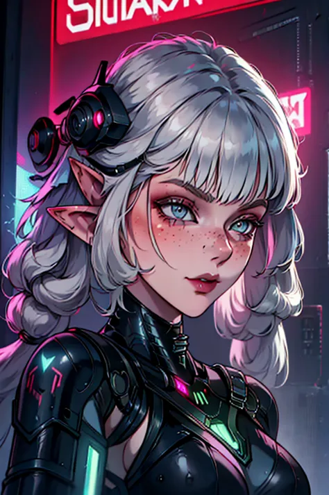 a close up of a female, pastel goth, big elf girl with freckles, light grey eyes, pointy ears, freckles, many freckles on face, ...