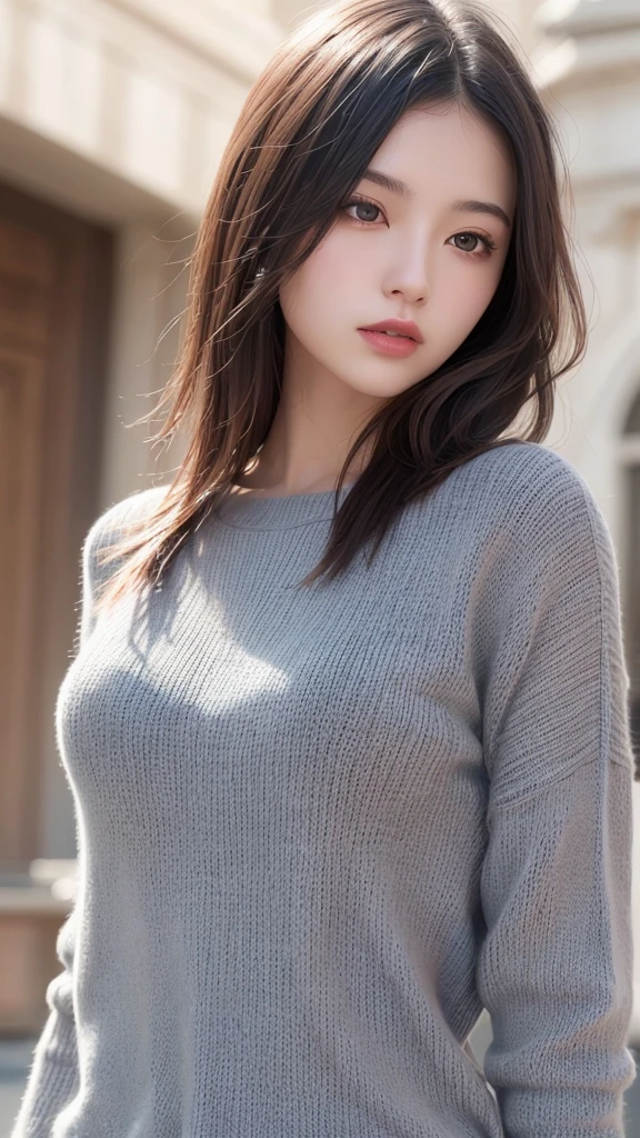 Grey lightweight knit, highest quality, figure, Very detailed, In detail, High resolution, 8k wallpaper, Perfect dynamic composition, Beautiful fine details, Women&#39;s Fashion Summer,ponytail,Small Breasts Natural Color Lip, Bold sexy pose,smile,Harajuku、20-year-old girl、cute、sexy shot looking at camera