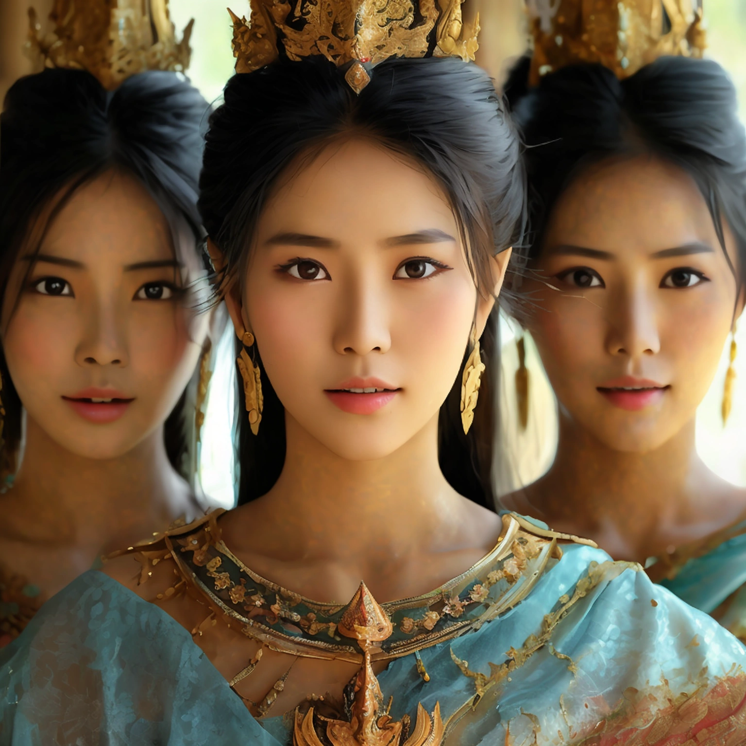 (three women), realistic details, Sharp picture, Thai girl dressed in the style of the ancient Ayutthaya Kingdom, beautiful, ((Sexy)), voluptuous, ((Age difference)), ((Different appearance))