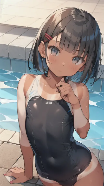 (Beautiful black hair,Very Short Hair,Light grey eyes,tsurime),(tan skin:1.6),Flat Chest,Slim body,(high school girl),(Red bangs hairpin),BREAK,Blue school swimsuit,Poolside,claw pose