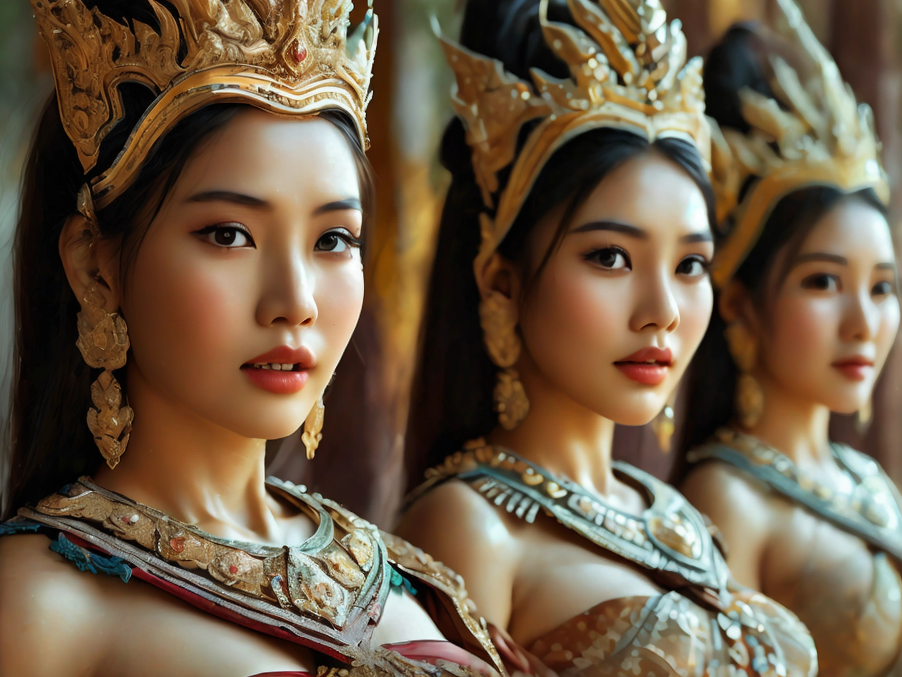 (three women), realistic details, Sharp picture, Thai girl dressed in the style of the ancient Ayutthaya Kingdom, beautiful, ((Sexy)), voluptuous, ((Age difference)), ((Different appearance))