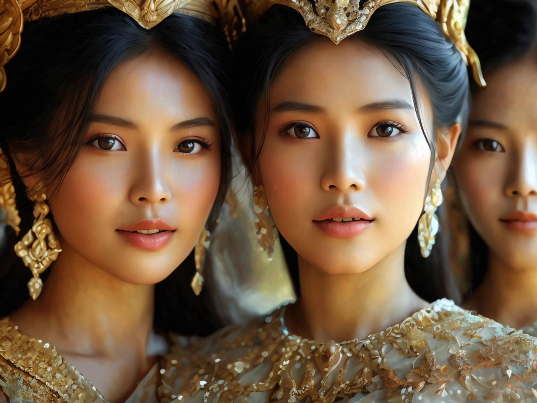 (three women), realistic details, Sharp picture, Thai girl dressed in the style of the ancient Ayutthaya Kingdom, beautiful, ((Sexy)), voluptuous, ((Age difference)), ((Different appearance))