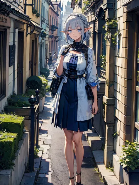 the cathedral overlooks the city、medieval streetscape,wide road、pointed ears、elf、blue eyes、green casual clothing、long eyelashes、...