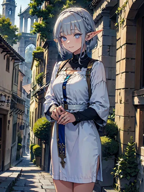 the cathedral overlooks the city、medieval streetscape,wide road、pointed ears、elf、blue eyes、green casual clothing、long eyelashes、...