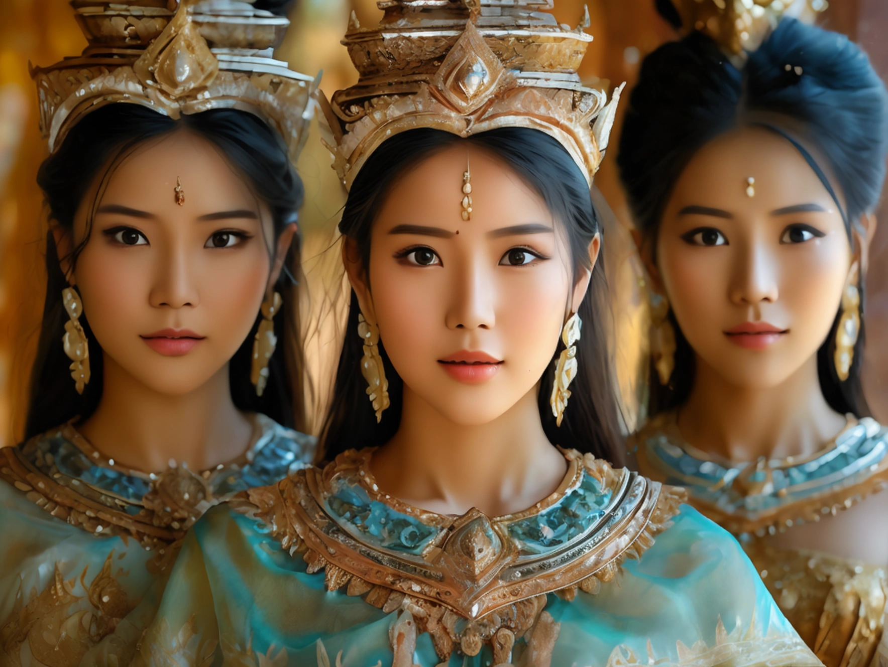 (three women), full body image, realistic details, Sharp picture, Thai girl dressed in the style of the ancient Ayutthaya Kingdom, beautiful, ((Sexy)), voluptuous, ((Age difference)), ((Different appearance))