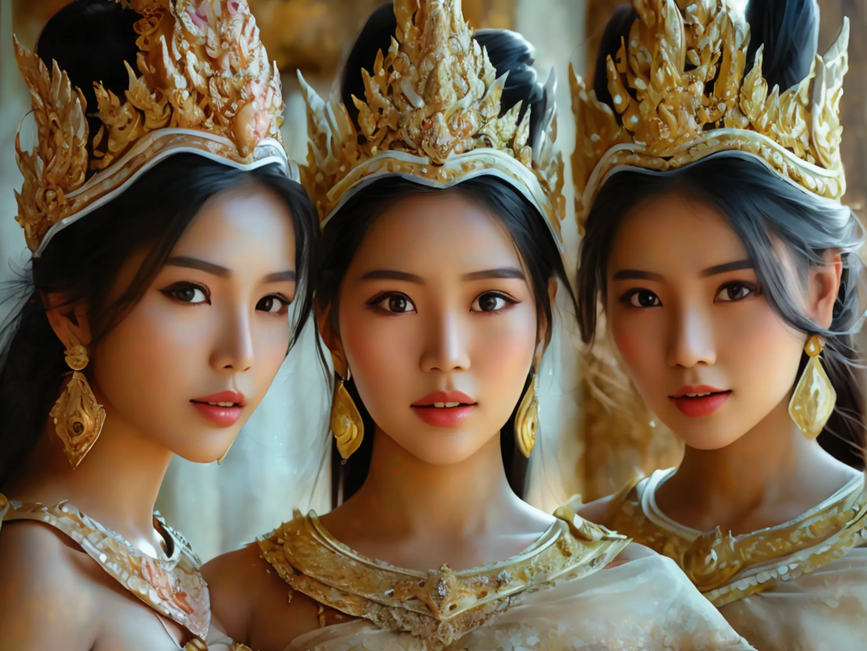 (three women), full body image, realistic details, sharp picture, thai girl dressed in the style of the ancient ayutthaya kingdo...