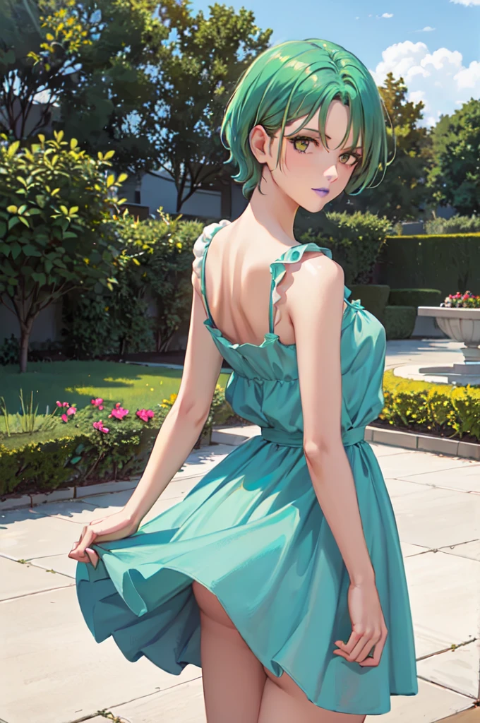 masterpiece, best quality,  fourmurasame, green eyes, purple lipstick, (yellow sundress:1.1), from behind, garden  edgYSD,woman wearing a yellow sundress, skyline, aqua hair