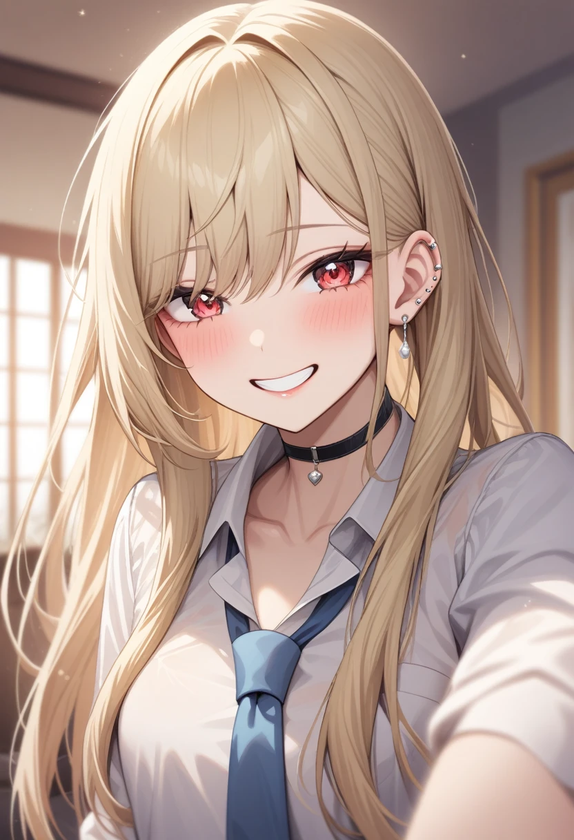 (masterpiece, Highest quality, Very artistic, Super detailed, Intricate details), One girl, Kitagawa Umi, Kitagawa Marine, The Doll Falls in Love, sono bisque doll wa koi wo suru, Long Hair, Beautiful blonde, Red eyes, Ear piercing, Barbell Piercing, Black choker, Collared shirt, White shirt, Blue tie, smile, Grin, Upper Body, Looking at the camera, turn around,