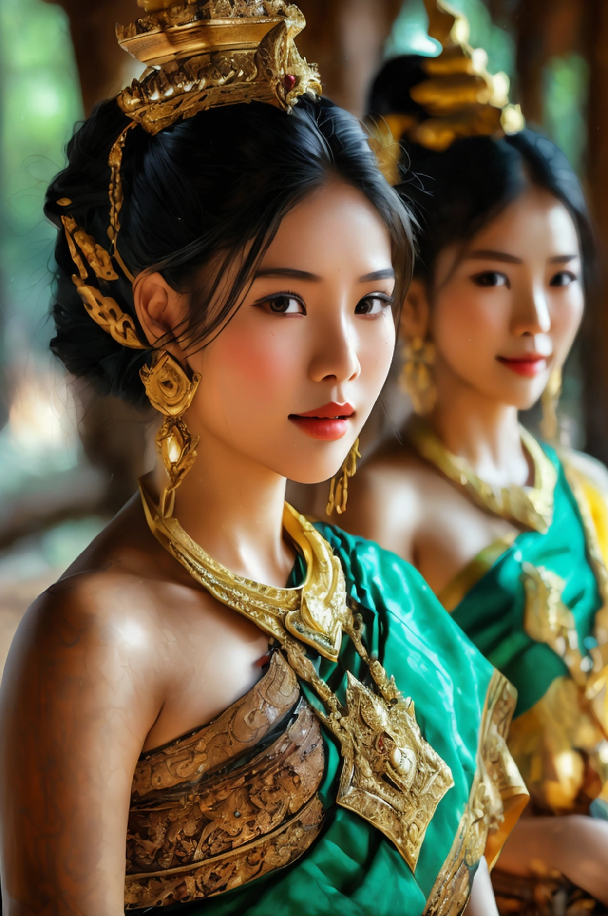 (three women), full body image, realistic details, Sharp picture, Thai girl dressed in the style of the ancient Ayutthaya Kingdom, beautiful, ((Sexy)), voluptuous, ((Age difference)), ((Different appearance))