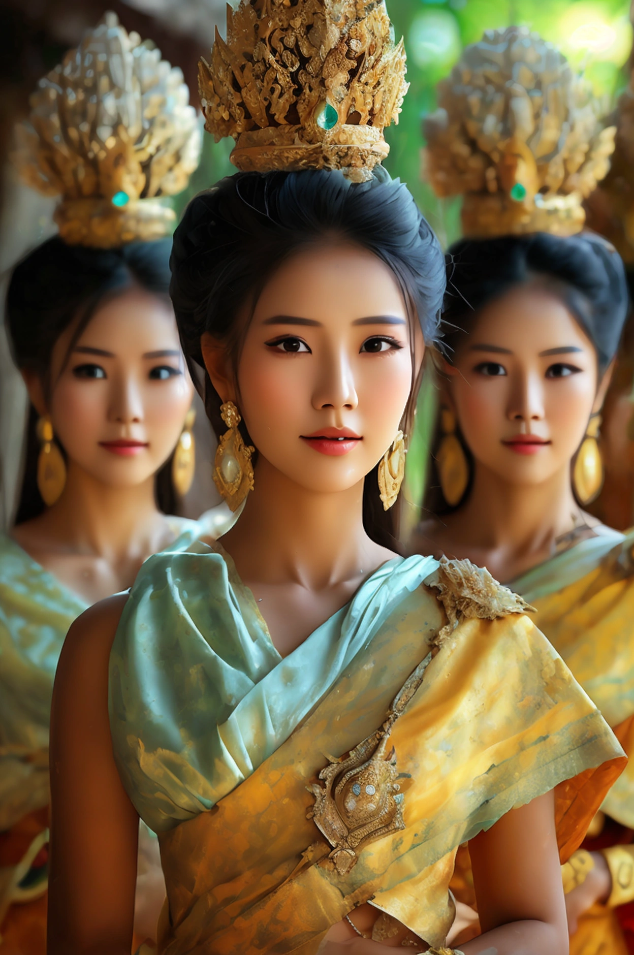 (three women), full body image, realistic details, Sharp picture, Thai girl dressed in the style of the ancient Ayutthaya Kingdom, beautiful, ((Sexy)), voluptuous, ((Age difference)), ((Different appearance))