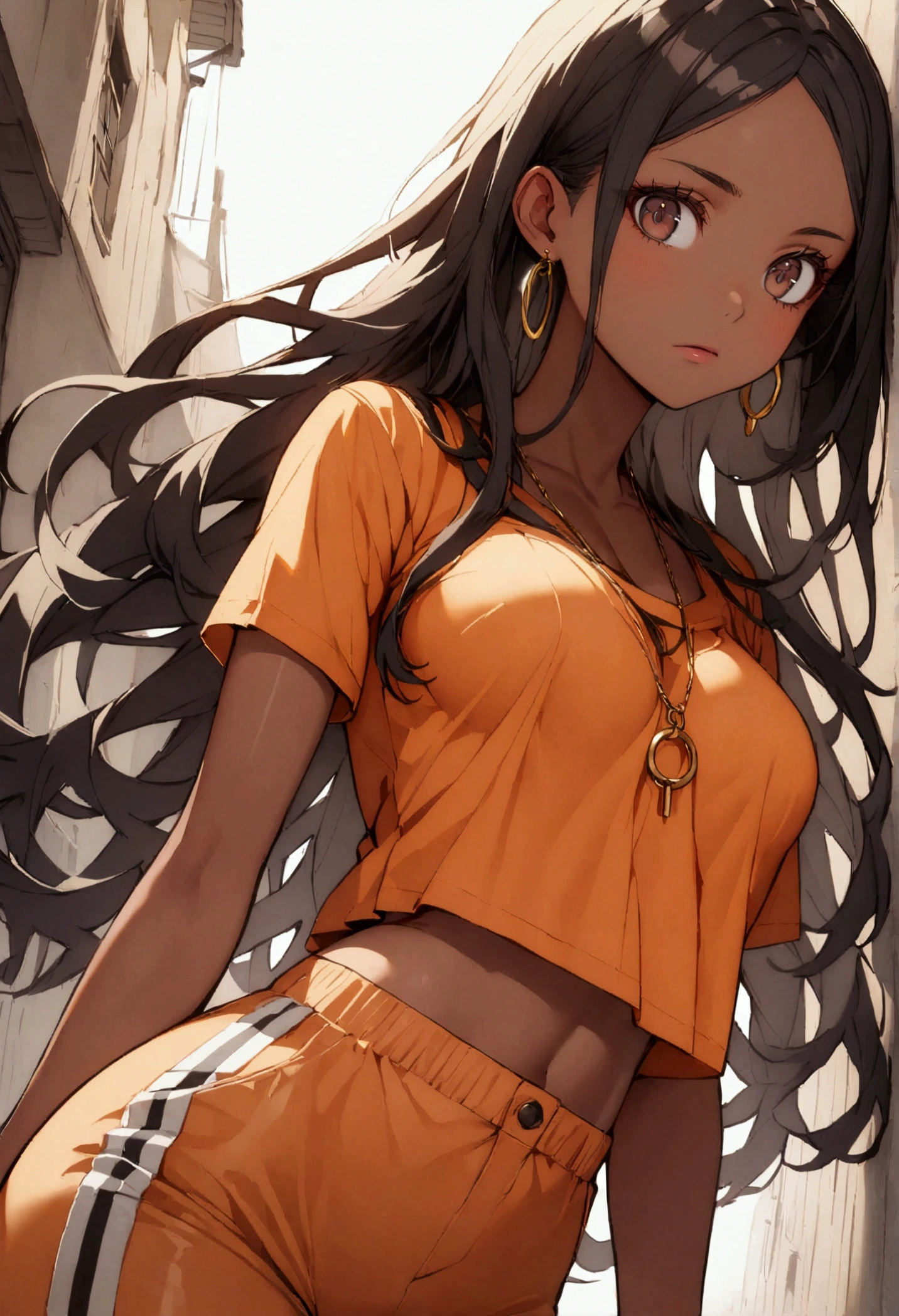 1girl, brown eyes, black hair with blue fade, blue strands in the hair, long hair, skinny waist, medium breasts, tan skin, young girl, brown skin, calm, mature, a gold necklace, wearing a prison outfit(an orange shirt with an orange pants), killer, 