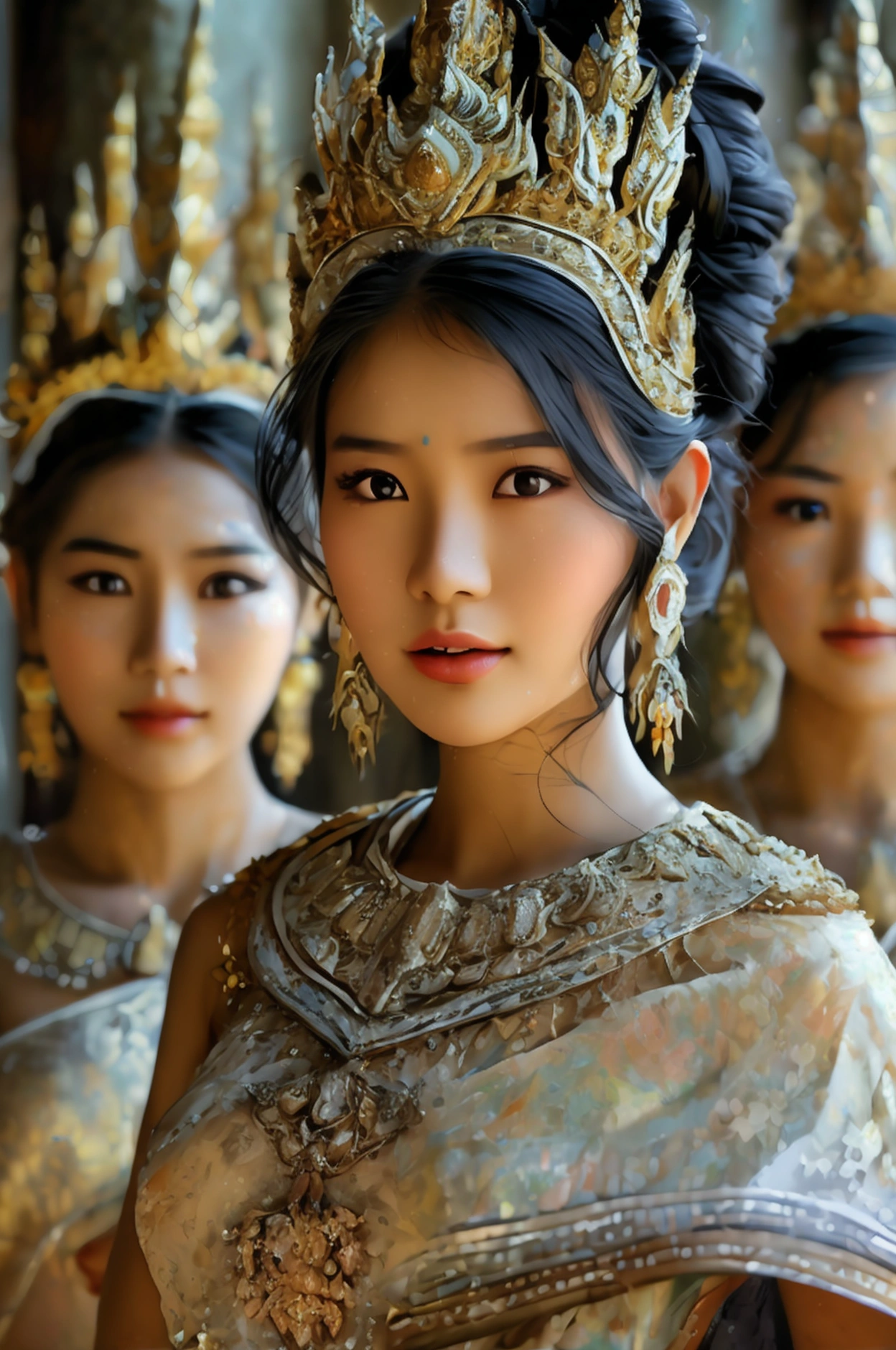 (three women), full body image, realistic details, Sharp picture, Thai girl dressed in the style of the ancient Ayutthaya Kingdom, beautiful, ((Sexy)), voluptuous, ((Age difference)), ((Different appearance))