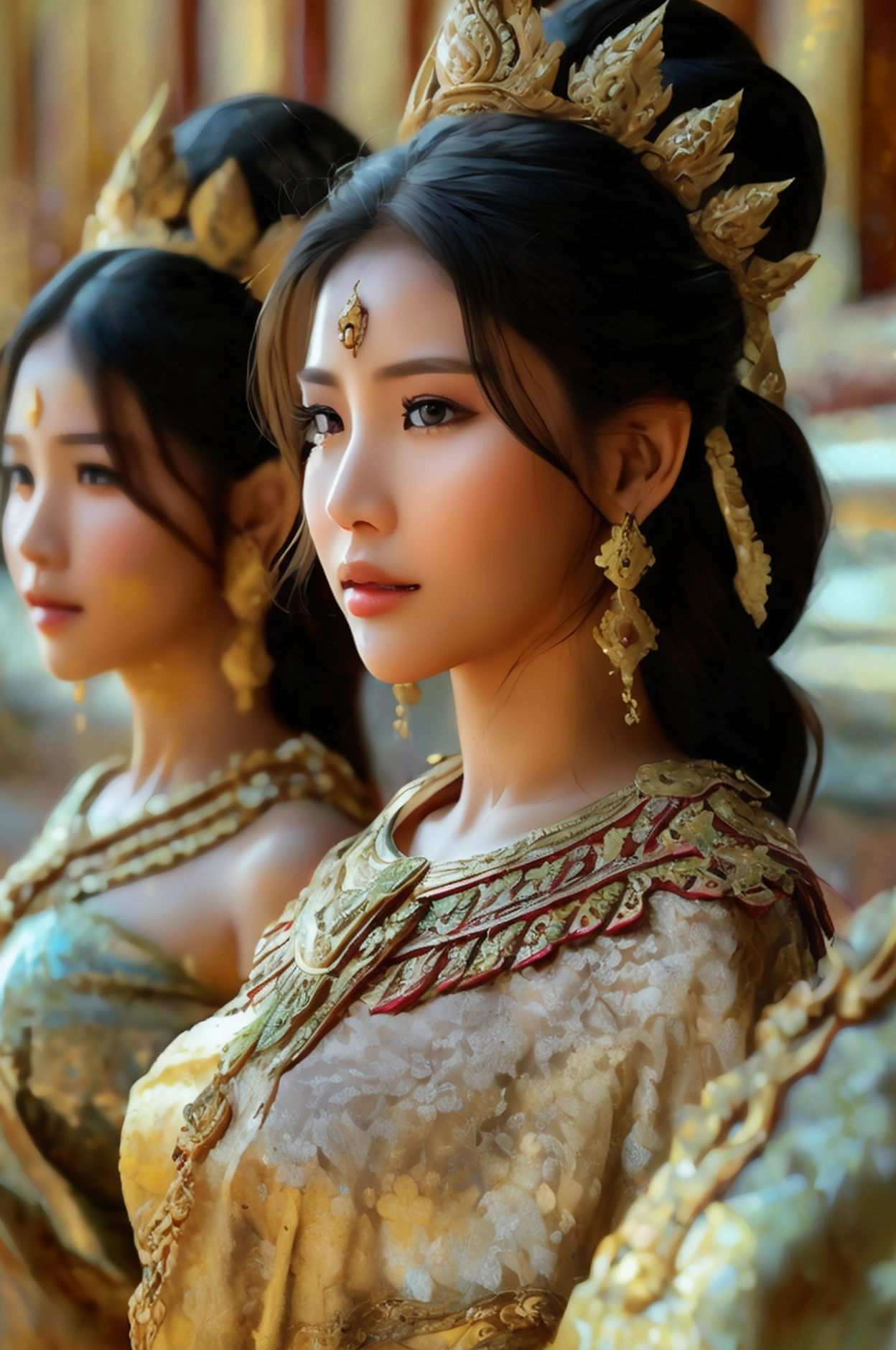 (three women), full body image, realistic details, Sharp picture, Thai girl dressed in the style of the ancient Ayutthaya Kingdom, beautiful, ((Sexy)), voluptuous, ((Age difference)), ((Different appearance))