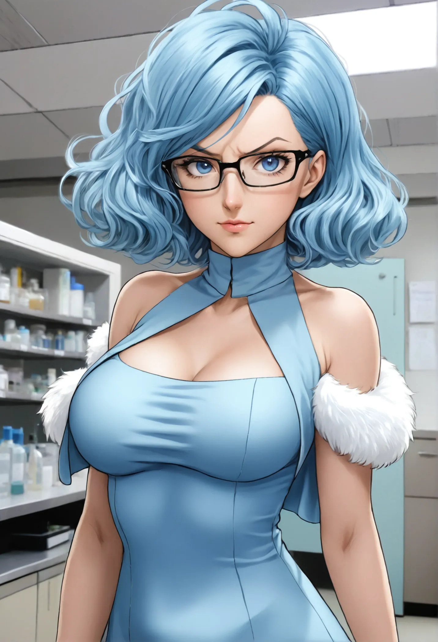 anime woman, sky blue hair, wavy fur, square lenses, skinny body, curvilinear, big , soft thighs, transparent blue dress, short ...