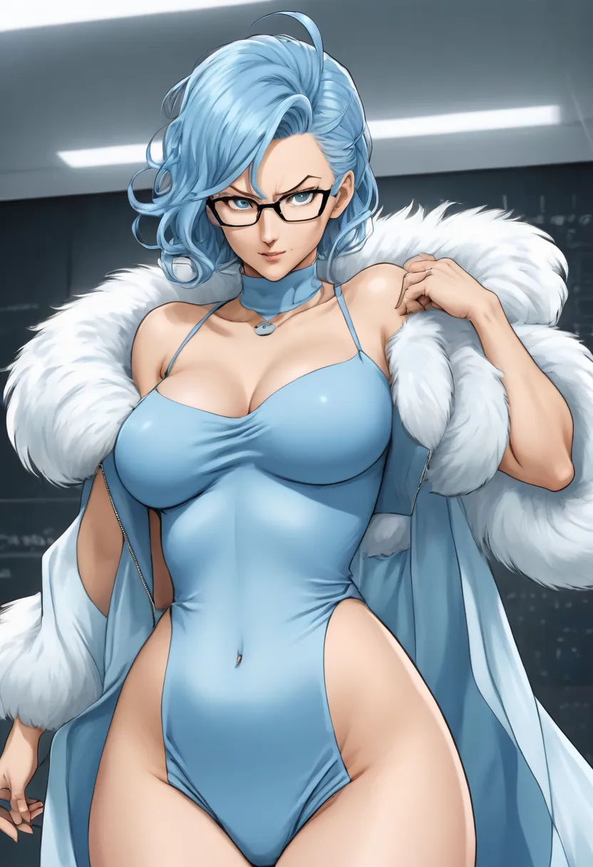 anime woman, sky blue hair, wavy fur, square lenses, skinny body, curvilinear, big , soft thighs, transparent blue dress, short ...