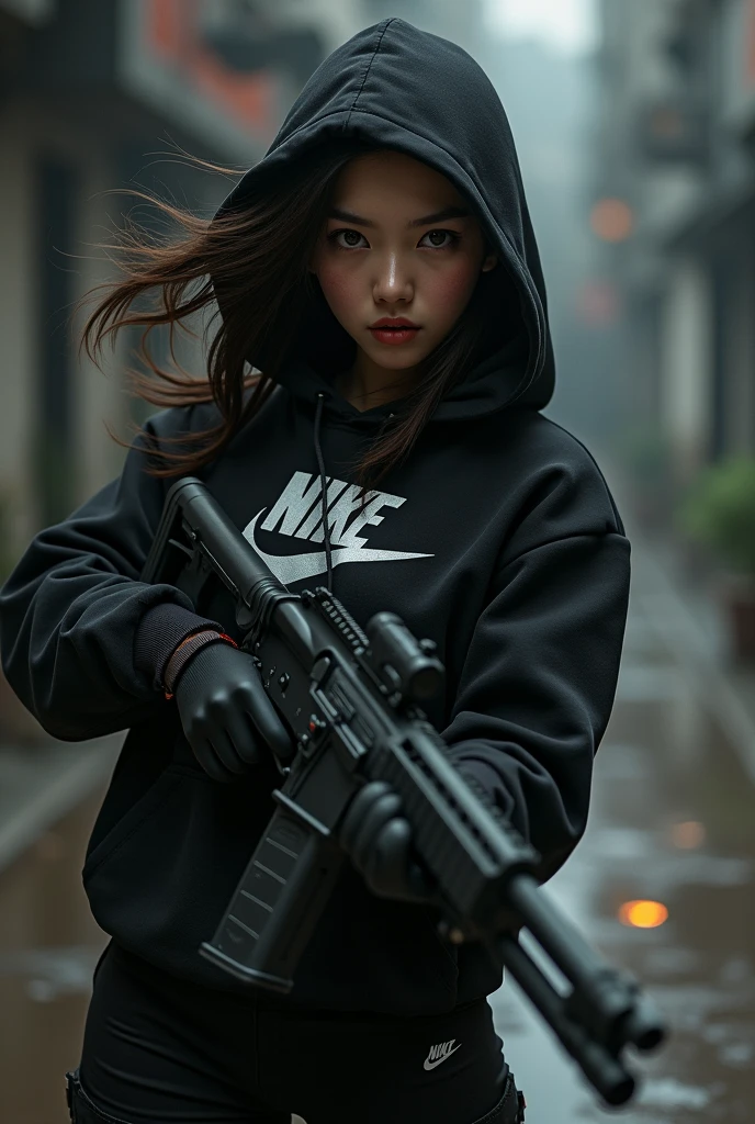 Une coréenne brune aux yeux bridés et aux cheveux lâchés portant un sweat-shirt à capuche noir Nike grand logo et un pantalon noir Nike assorti, Un tueur avec des gants noirs et une mitrailleuse légère en position de tir