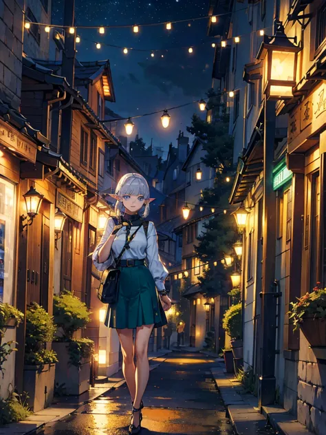 illuminated in orange、medieval cityscape at night,　wide road、pointed ears、elf、blue eyes、green casual clothing、long eyelashes、sil...