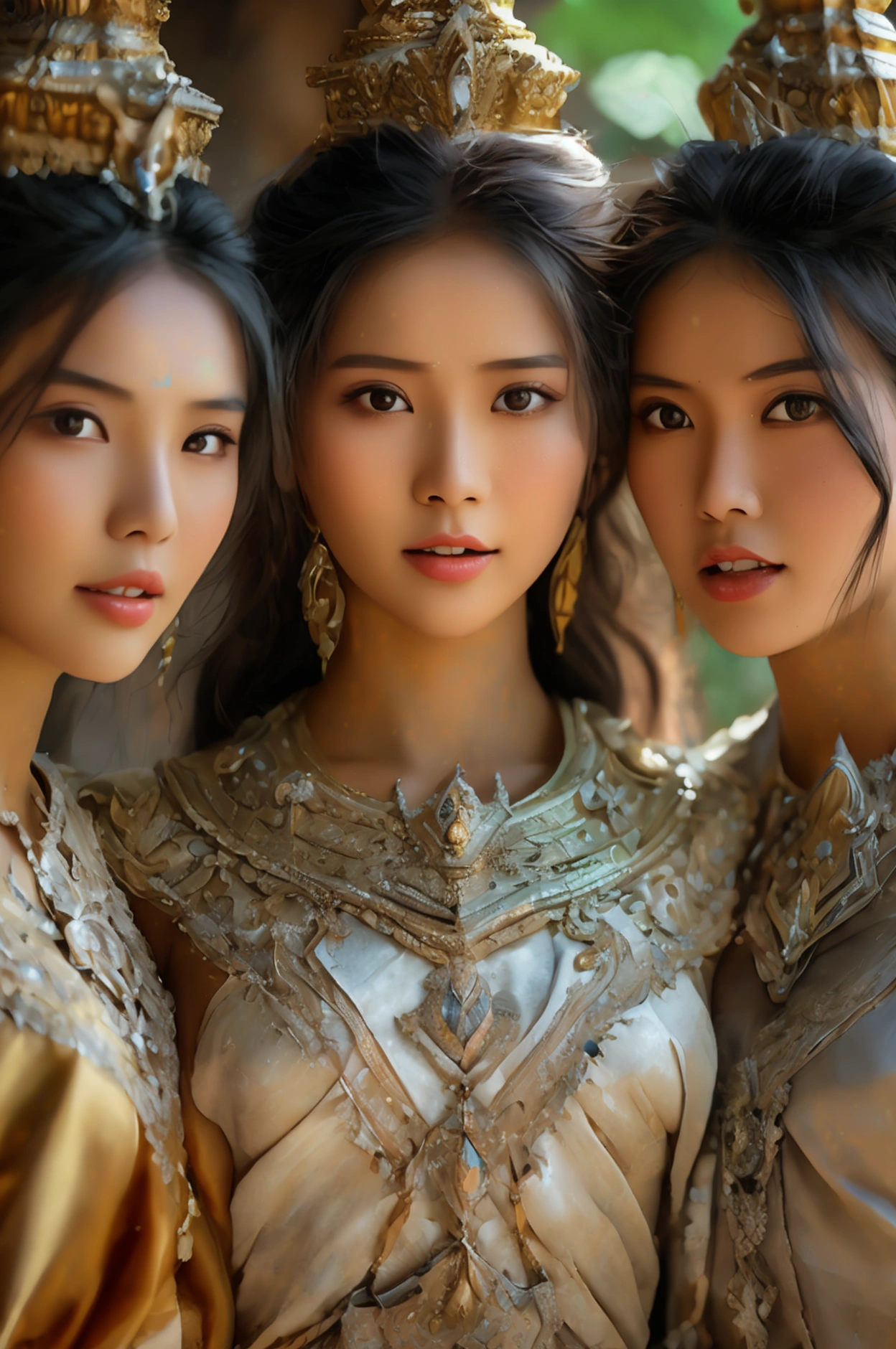 (three women), full body image, realistic details, Sharp picture, Thai girl dressed in the style of the ancient Ayutthaya Kingdom, openly, beautiful, ((Sexy)), voluptuous, ((Age difference)), ((Different appearance))