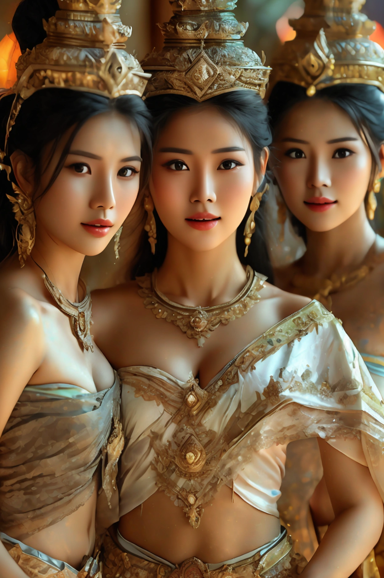 (three women), full body image, realistic details, Sharp picture, Thai girl dressed in the style of the ancient Ayutthaya Kingdom, openly, beautiful, ((Sexy)), voluptuous, ((Age difference)), ((Different appearance))