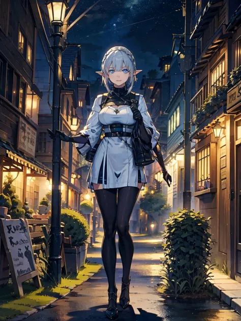 medieval cityscape at night,　wide road、pointed ears、elf、blue eyes、green casual clothing、long eyelashes、silver braided short hair...