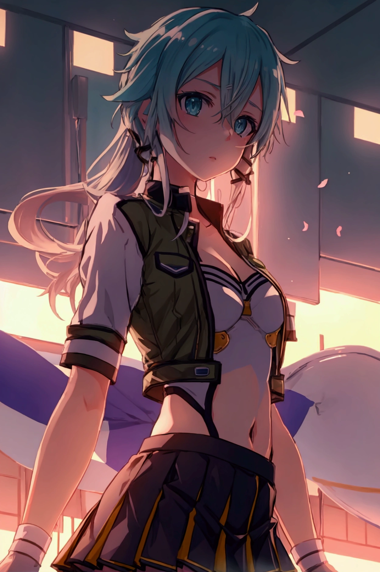 Sinon, Sinon is wearing a sexy and curvy cheerleader uniform, the cheerleader uniform consists of a pleated mini skirt and a mini crop top, anime style, 1 girl, solo, high resolution. 