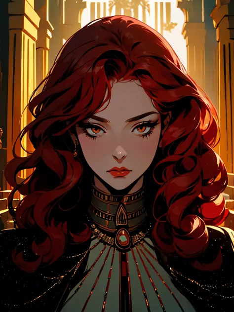 hyperrealistic of a mysterious mature woman, with red hair, curly, loose, long, yellow eyes, red lips, expressionless look, egyp...