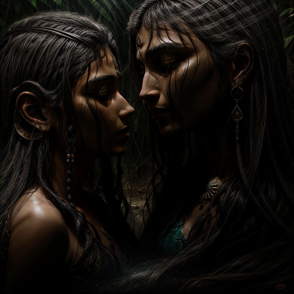 In the heart of a breathtaking jungle, a realistic portrait emerges of Lord Shiva and Goddess Parvati, deeply engrossed in each other's gaze. The historical figures are beautifully depicted in an oil painting, with intricate details that bring the artpiece to life. Lord Shiva is adorned with serene features, his third eye closed in deep meditation. His body is covered in smeared ash, a symbol of his devotion and detachment. Goddess Parvati, by his side, is portrayed with a gentle smile playing upon her lips, her large, almond-shaped eyes meeting Shiva's. Her dark, wavy hair cascades down her shoulders,