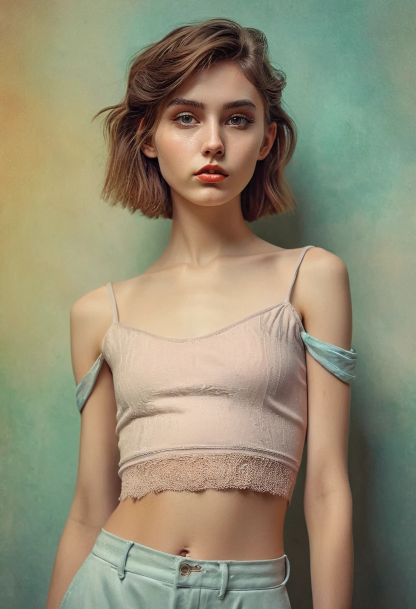 (Cinematic photo:1.3) From (Thigh-length photos:1.3),(skinny:1.3) ((CROPTOP, NAVEL)) Beautiful  girl, (complex brown hair), Highly detailed texture кожи, realistic texture кожи, looks straight into the camera, (looks at the viewer) ), pout, , Shine, Dramatic, Dreamy, pastelный цветочный сад, elegant, strange, gentle, Highly detailed, difficult, UHD Digital Photography, Fantasy theme, skinny shoulders, Photo to the knees , beautiful young girl, big, Beautiful body, highly detailed full-length shot, Dreamy, pastel, watercolor, strange, gentle, detailed hair band, Highly detailed texture, realistic texture, digital painting, highly detailed photo, (art deco: 1 .хFromоралFromм:1.3),(Classic realotm:1.3),(Fujifilm Superia:1.3),, golden hour light,full naked