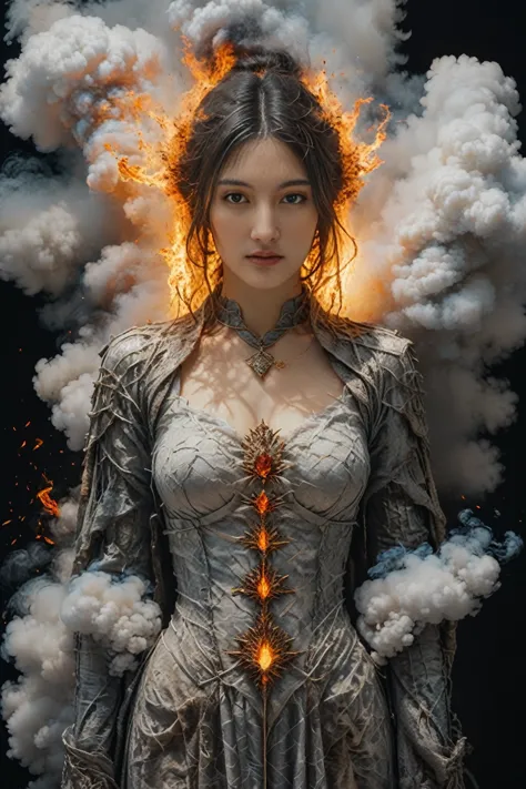 priestess body made out of ash cloud with burning nimbus, perfect fiery photography by mark mann, wlop, albrecht dürer, wlop, mu...