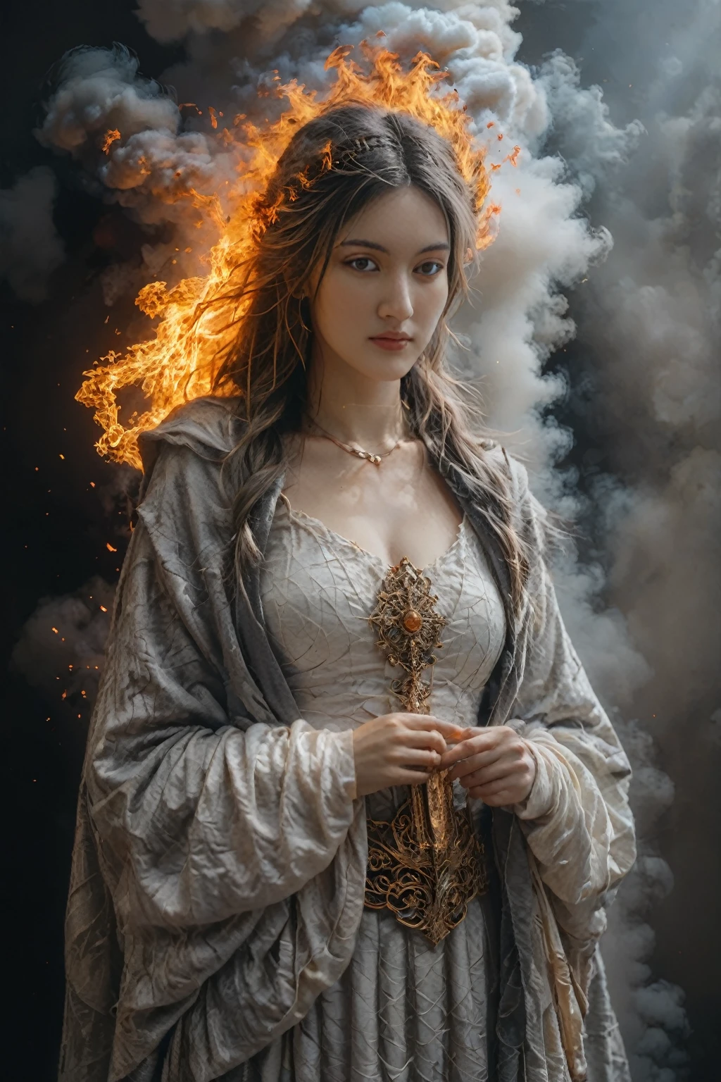 priestess body made out of ash cloud with burning nimbus, perfect fiery photography by Mark Mann, Wlop, Albrecht Dürer, wlop, muted wet colors, intricate detailed, stunning, fire, smoke, beautiful, cloudy, fluffy, static charge, sacral portrait, artistic masterwork by head of prompt engineering