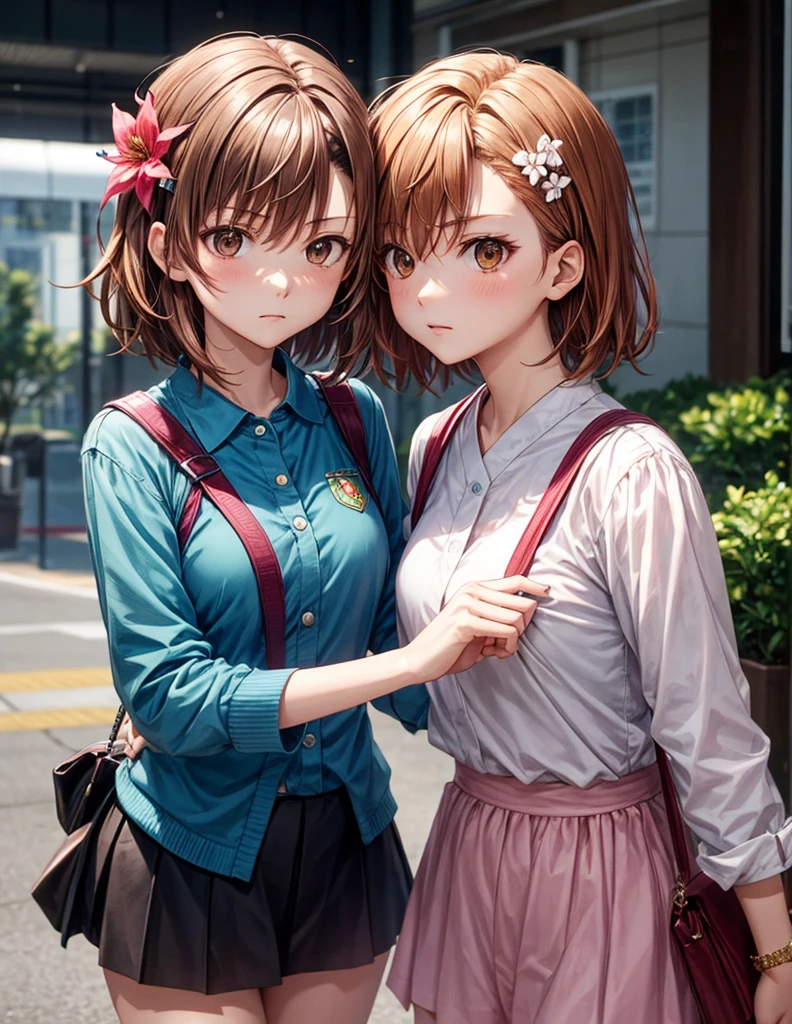 Mikoto and Misaka, short hair, Brown Hair, hair ornaments, Hair Flower, Brown eyes, anger, There&#39;s no one else、angerの脈, skirt, shirt, school uniform, white shirt, Short sleeve, pleated skirt, grey skirt, Sweater vest, tokiwadai school uniform, Outdoor, Cityscape, View your viewers, Cowboy Shot, Dutch Angle, skirtの中、Taking off her panties、Pussy、I'm showing you my、skirtの中を接写、nsfw、naked