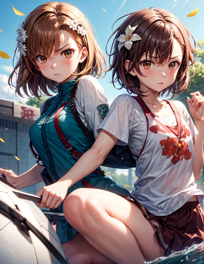 Mikoto and Misaka, short hair, Brown Hair, hair ornaments, Hair Flower, Brown eyes, anger, There&#39;s no one else、angerの脈, skirt, shirt, school uniform, white shirt, Short sleeve, pleated skirt, grey skirt, Sweater vest, tokiwadai school uniform, Outdoor, Cityscape, View your viewers, Cowboy Shot, Dutch Angle, skirtの中、Taking off her panties、Pussy、I'm showing you my、skirtの中を接写、nsfw、naked