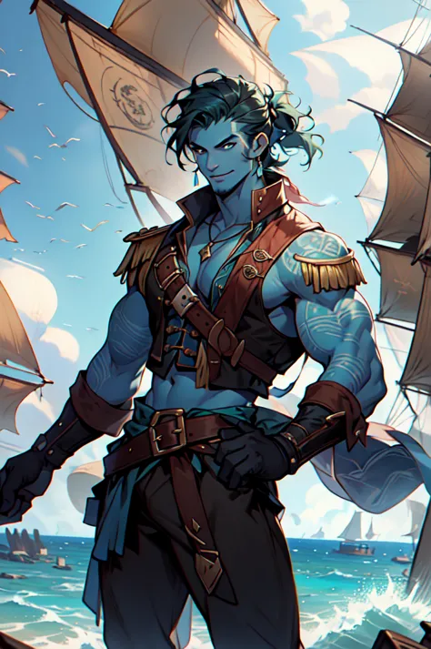 a dashing, tall, short-haired green-haired man bun male pirate, blue skin and captivating light blue eyes. pirate left black eye...