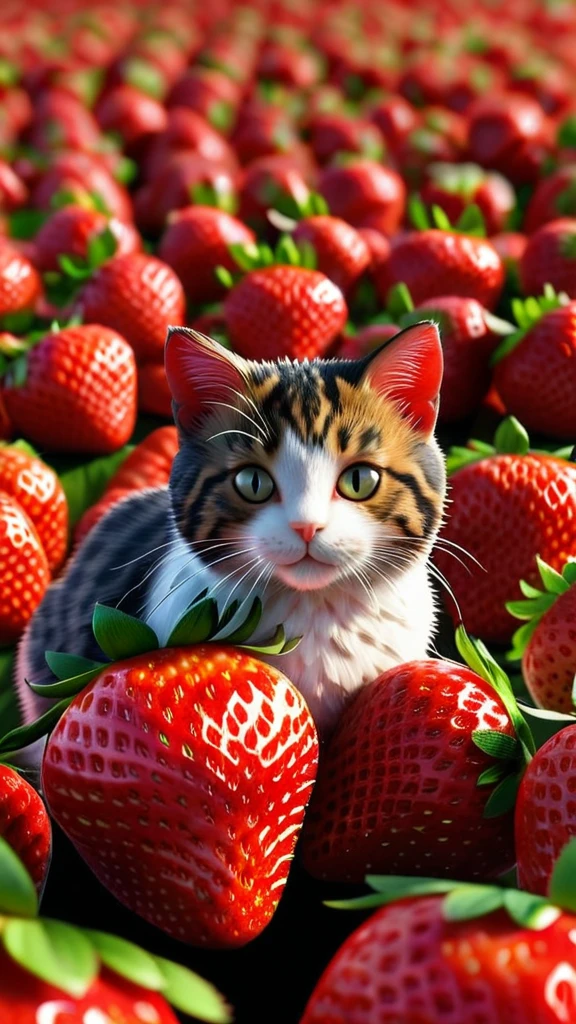 strwbrrxl, cat, detailed realistic close up of a  colourful strawberry shaped like a cat, sitting, strawberry field background, natural light, strwbrrxl, High Resolution, Looking at viewer, HD, Super Detailed, Multiple Views, 3D Rendering, Hood, Abstract Expressionism, Accurate, 