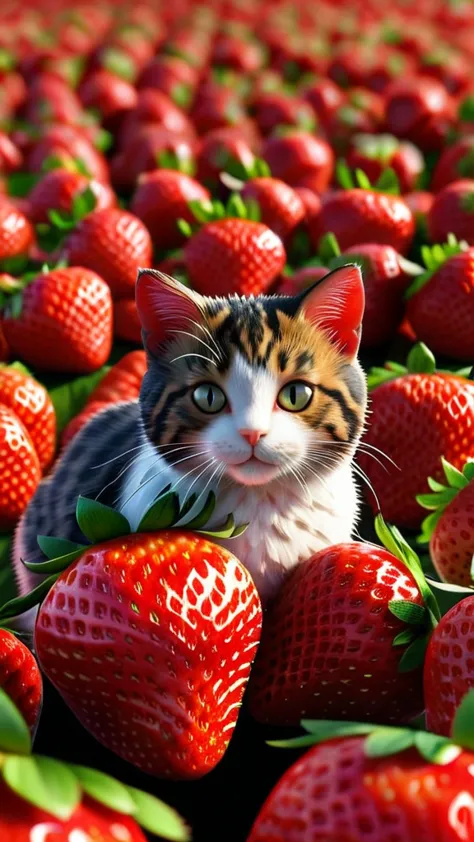 strwbrrxl, cat, detailed realistic close up of a  colourful strawberry shaped like a cat, sitting, strawberry field background, ...