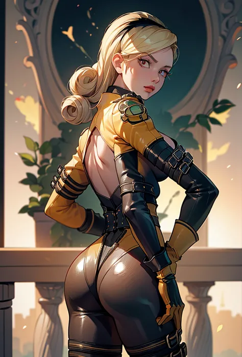 perfect eyes:1.2, detailed eyes:1.4, lienneville, from behind, ass, looking back, mansion, blonde hair, hairband, red eyes, body...