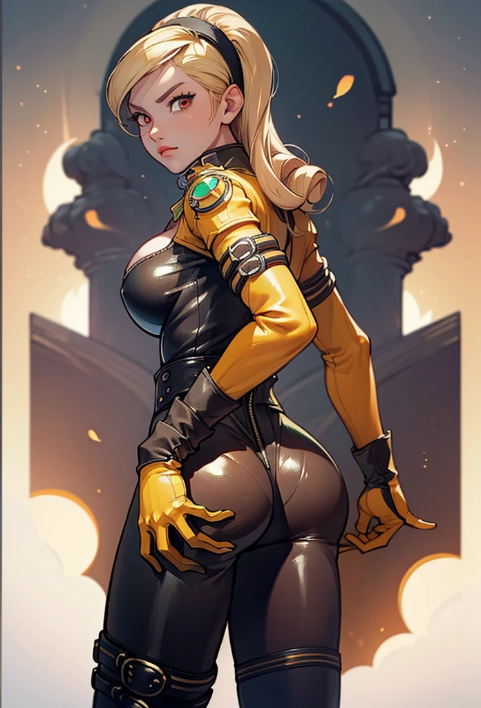 perfect eyes:1.2, detailed eyes:1.4, lienneville, from behind, ass, looking back, mansion, blonde hair, hairband, red eyes, bodysuit, large breasts, cleavage, gloves, medium full shot, thigh-level shot, 1girl, solo, (masterpiece:1.6, best quality),