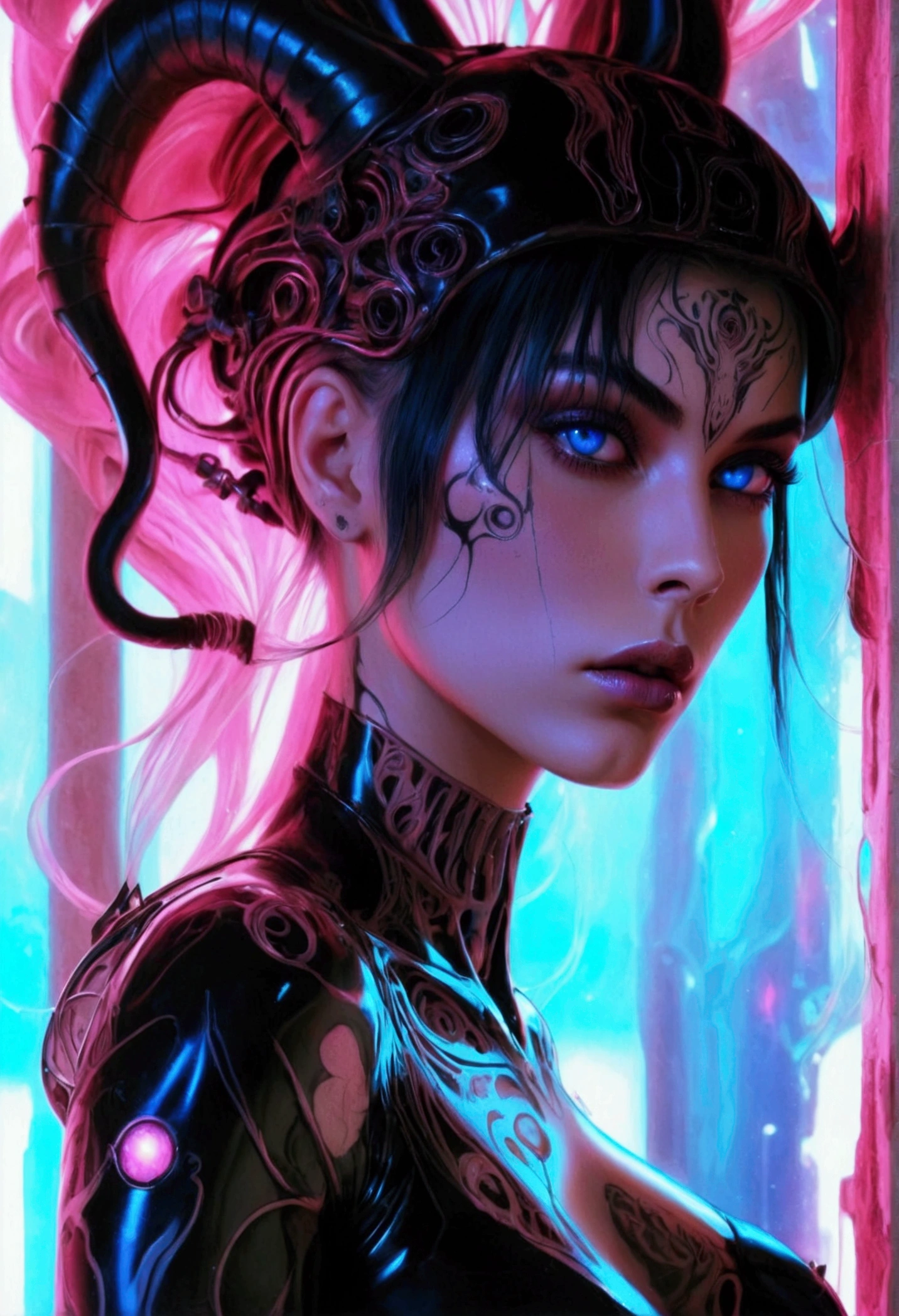 Stunningly gorgeous beautiful perfect hr giger tattooed sexy seductive demonic girl, perfect face, hyper detailed neon sapphire eyes, large breasts, full body view, nude