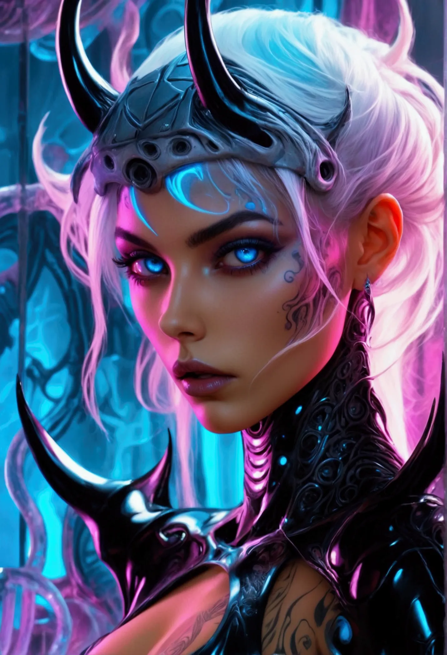 stunningly gorgeous beautiful perfect hr giger tattooed sexy seductive demonic girl, perfect face, hyper detailed neon sapphire ...