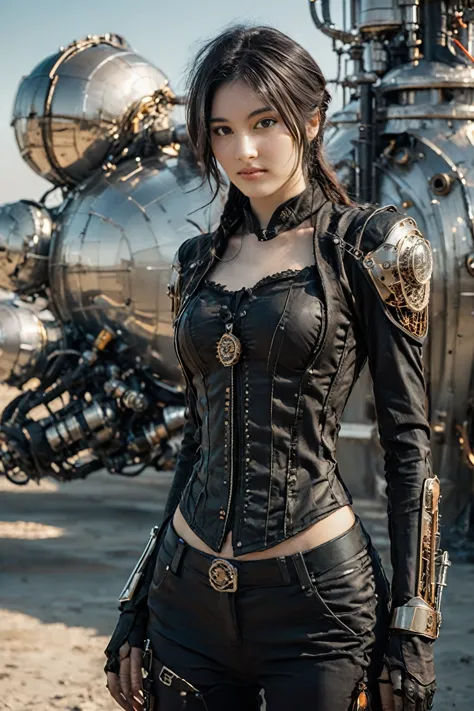 cute young teen biomechanical steampunk fight cyborg woman realistic movie shallow focus scene, more about her full body steampu...