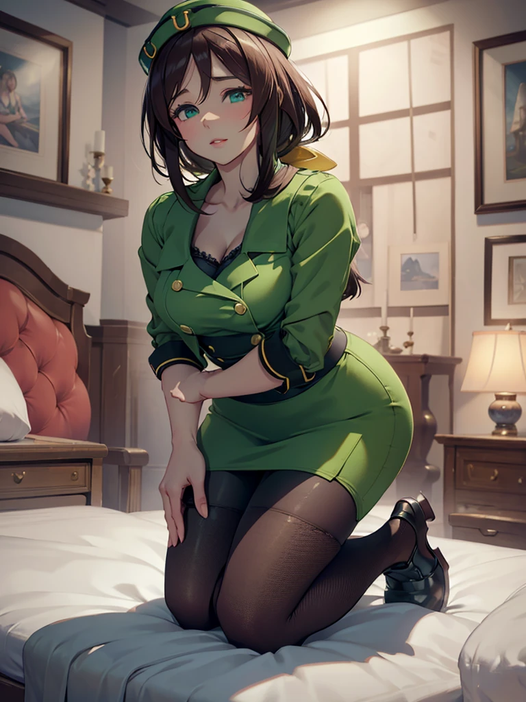 (​masterpiece、top-quality、hight resolution、Unity 8k、extremely details CG:1,Best Picture), hayakawa tazuna, low ponytail, green headwear, green jacket, pantyhose, Emphasis on cleavage, ((open jacket, Visible bras)), her expression full of lust. Her eyes are half-lidded and slightly glazed, with a moist and glossy look. bed room, "A submissive porn star kneeling on the ground, head slightly bowed in a gesture of obedience. Her posture is humble, with her hands resting on her thighs, and her eyes looking up with a mix of submission and determination. The scene is intimate, emphasizing her pledge of loyalty and submission.", "A woman with a deeply devoted expression, eyes slightly glazed over as if lost in admiration, lips gently parted, and a soft, almost serene smile. Her posture is relaxed, shoulders slightly drooping, and her head may be tilted slightly as she gazes at something or someone with complete adoration. The background is soft and out of focus to emphasize the intensity of her emotion."