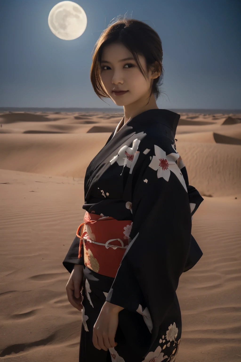 1 girl, (She is wearing a cute red yukata:1.2), Very beautiful Japanese idol portraits, 
(RAW Photos, Highest quality), (Realistic, Realistic:1.4), (masterpiece), 
Very delicate and beautiful, Very detailed, 2k wallpaper, wonderful, finely, Very detailed CG Unity 8K wallpaper, Very detailed, High resolution, Soft Light, 
Beautiful detailed girl, Very detailed目と顔, Beautiful and sophisticated nose, Beautiful and beautiful eyes, Cinema Lighting, 
(Standing in the Sahara Desert on a moonlit night:1.3), (Big Moon), (Sand Dunes), (月明かりに浮かぶ少女のwhole bodyのシルエット), (Dark screen:1.5), 
(Medium Hair), (Tie your hair back), (whole body), 
Complete Anatomy, Slender body, Small breasts