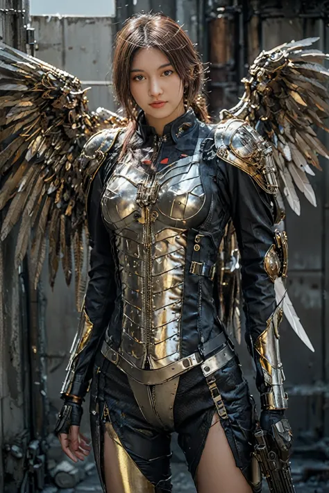 steampunk,ultra realistic,ultra high resolution,8k,realistic photo,(angel type mechanical suit:1.2),mechanical wings,heavy weapo...