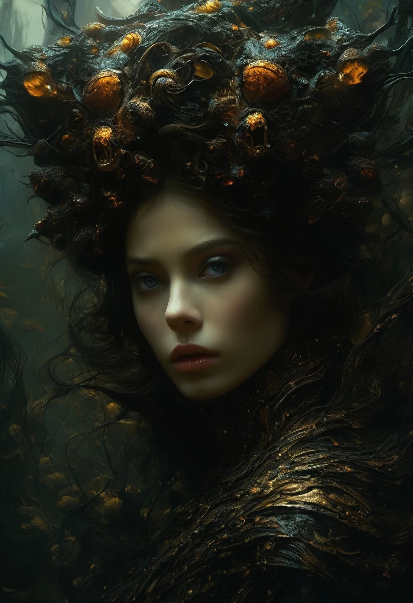 Beautiful cinematic impressionistic picture, Gloomy eerie horror, something out of this world, a monster in the form of a girl, an evil but beautiful face, a glossy dark cherry-yellow hellish look, a scary-beautiful expressive look, in the style of Frank Frazetta, Aykut Aydogdu, Pino Daeni, Charlie Bowett, Albert Joseph Penaud, Ray Caesar, Tetsuya Ishida.
Zdzislaw Beksinski, Perfect Composition, Beautiful Detailed Intricate Insanely Detailed Octane Render, Trending on Artstation, 8k Fine Art Photography, Photorealistic Concept Art, Software Natural Volume Cinematic Perfect Light, Chiaroscuro, Award Winning Photography, Masterpiece, Oil on Canvas,
Raphael, Caravaggio, Greg Rutkowski, Beeple, Beksinski, Giger, Ultra HD, Realistic, Vivid Colors, High Detail, UHD Art, Pen and Ink, Perfect Composition, Beautifully Detailed Intricate Insanely Detailed Octane Rendering, Artstation Trends, Fine Art Photography 8k, photorealistic concept art,
soft natural volumetric cinematic perfect light