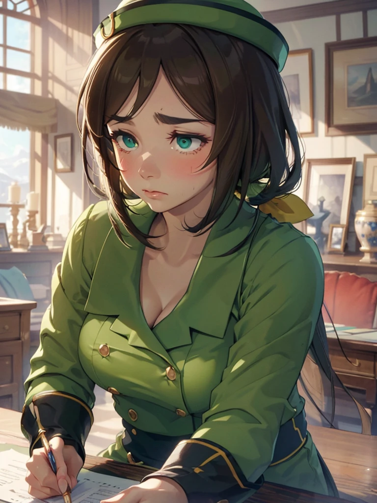 (​masterpiece、top-quality、hight resolution、Unity 8k、extremely details CG:1,Best Picture), hayakawa tazuna, low ponytail, green headwear, green jacket, pantyhose, Emphasis on cleavage, "A woman sitting at a desk, just after signing a contract to become a porn star. She holds the pen in her hand, looking down at the signed document with a mix of uncertainty and resolve. Her posture is slightly tense, and her expression reflects a moment of realization, as if she’s coming to terms with the decision she has just made.", Emphasises cleavage, "A woman on the verge of tears, her eyes glistening with unshed tears, her lips trembling slightly. Her brows are furrowed in frustration and her fists are clenched at her sides. She appears to be holding back her emotions, looking both heartbroken and deeply frustrated."