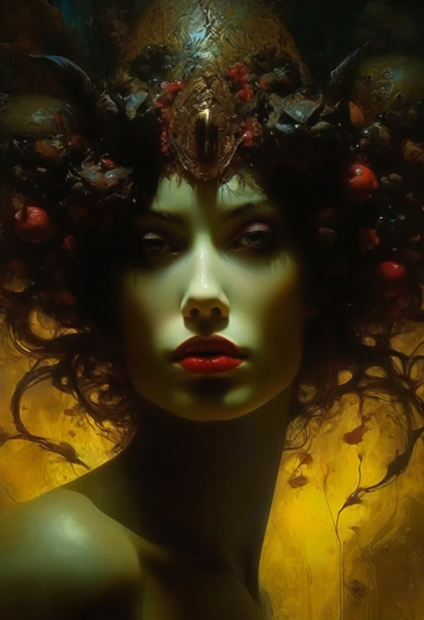 Beautiful cinematic impressionistic picture, Gloomy eerie horror, something out of this world, a monster in the form of a girl, an evil but beautiful face, a glossy dark cherry-yellow hellish look, a scary-beautiful expressive look, in the style of Frank Frazetta, Aykut Aydogdu, Pino Daeni, Charlie Bowett, Albert Joseph Penaud, Ray Caesar, Tetsuya Ishida.
Zdzislaw Beksinski, Perfect Composition, Beautiful Detailed Intricate Insanely Detailed Octane Render, Trending on Artstation, 8k Fine Art Photography, Photorealistic Concept Art, Software Natural Volume Cinematic Perfect Light, Chiaroscuro, Award Winning Photography, Masterpiece, Oil on Canvas,
Raphael, Caravaggio, Greg Rutkowski, Beeple, Beksinski, Giger, Ultra HD, Realistic, Vivid Colors, High Detail, UHD Art, Pen and Ink, Perfect Composition, Beautifully Detailed Intricate Insanely Detailed Octane Rendering, Artstation Trends, Fine Art Photography 8k, photorealistic concept art,
soft natural volumetric cinematic perfect light