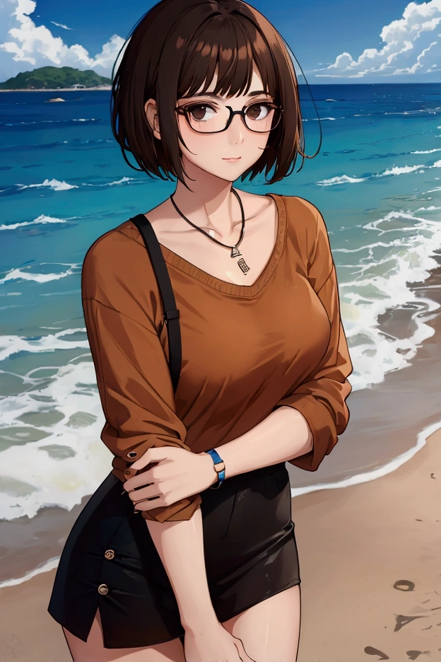 woman,short hair,Wear glasses,brown hair,casual clothes,With bangs.,Beach vacation background,Black Eyes,About 