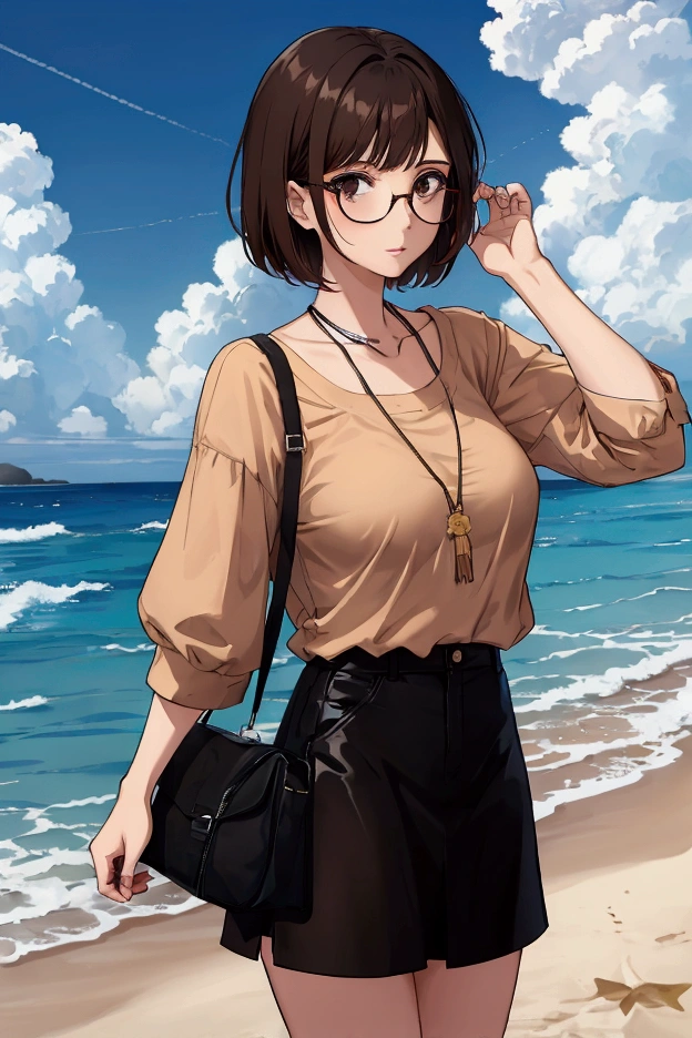 woman,short hair,Wear glasses,brown hair,casual clothes,With bangs.,Beach vacation background,Black Eyes,About 