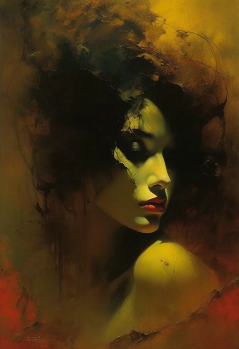 Gloomy creepy horror, something out of this world, a monster in the form of a girl, an evil but beautiful face, a glossy dark cherry-yellow hellish look, a scary-beautiful expressive look in the style of Frank Frazetta, Aykut Aydogdu, Pino Daeni, Charlie Bowett, Albert Joseph Penaud, Ray Caesar, Tetsuya Ishida. Zdzislaw Beksinski. masterpiece. Best quality. Beautiful cinematic impressionistic painting in the style fairytale background) (Minimalism: 1), original details. Ashley Wood style. Stephen Gammell.
